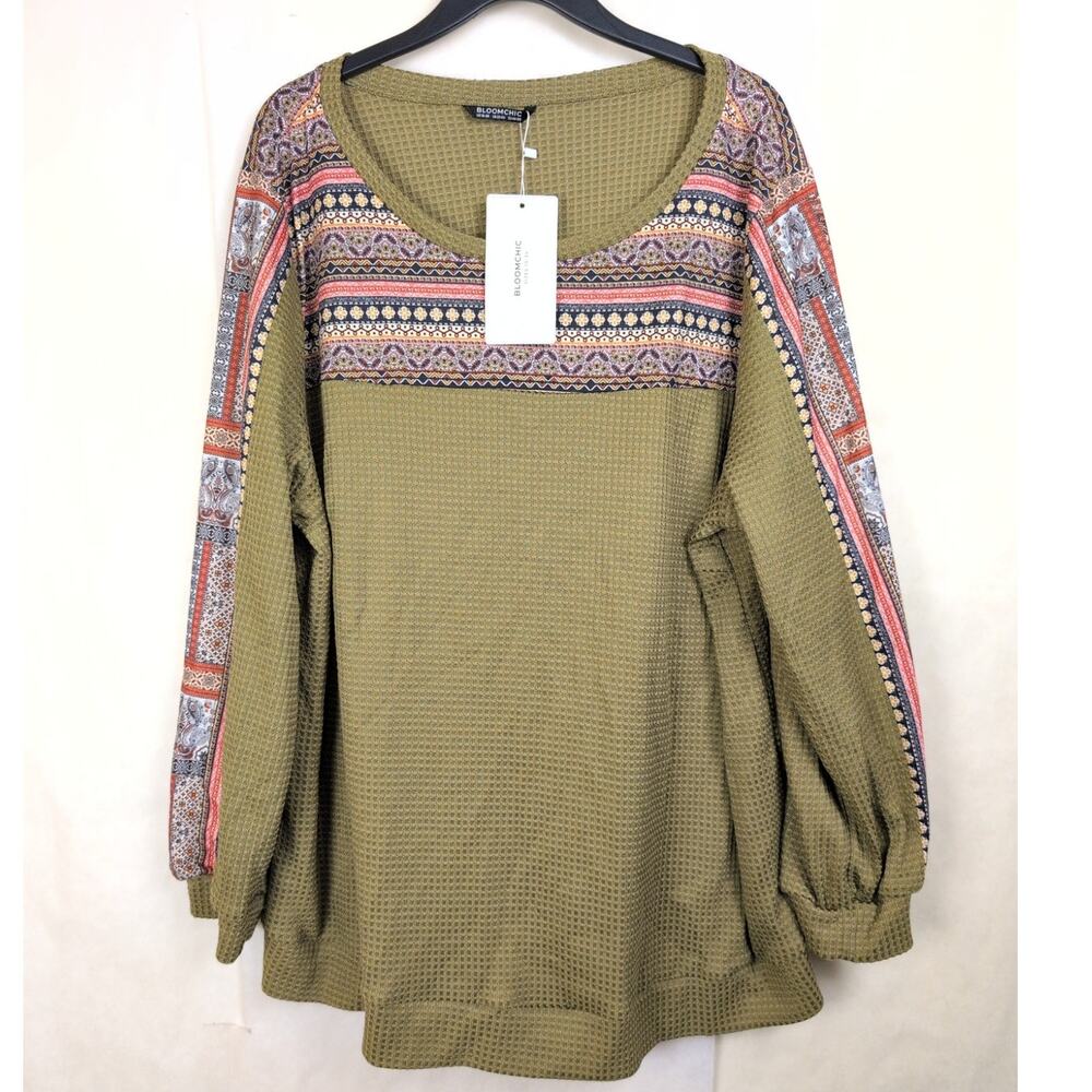 New Bloomchic green floral waffle knit top Size 18-20 Boho Peasant Cottage